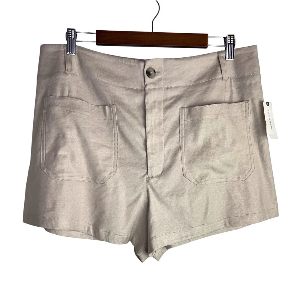 Maeve Anthropologie Colette Linen High Rise Utility Shorts Pearl Ivory Sz 14 NWT